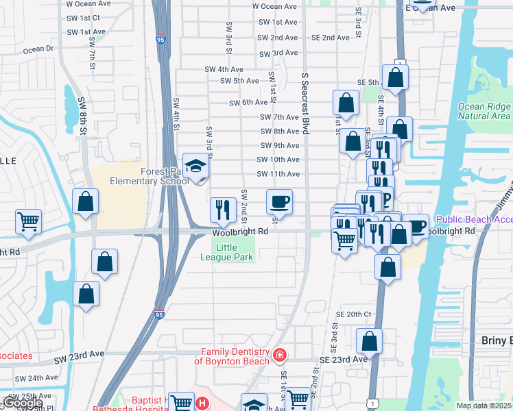 map of restaurants, bars, coffee shops, grocery stores, and more near 227 Southwest 14th Avenue in Boynton Beach