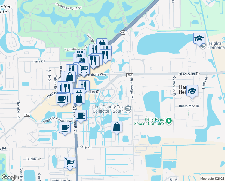 map of restaurants, bars, coffee shops, grocery stores, and more near 15585 Ocean Walk Circle in Fort Myers