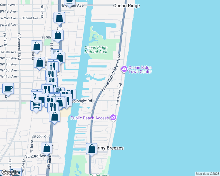 map of restaurants, bars, coffee shops, grocery stores, and more near 9 Adams Road in Ocean Ridge