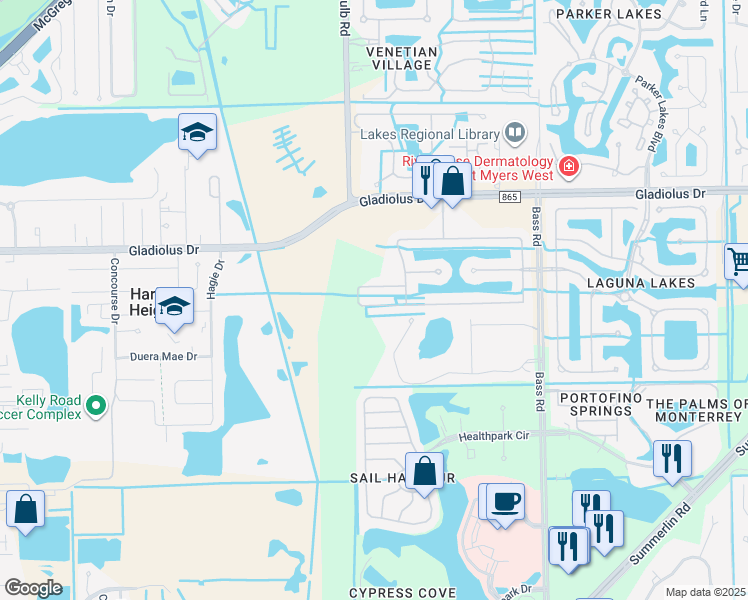 map of restaurants, bars, coffee shops, grocery stores, and more near 9795 Gladiolus Bulb Loop in Fort Myers