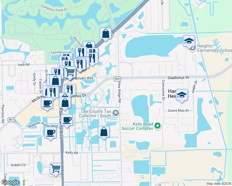 map of restaurants, bars, coffee shops, grocery stores, and more near 15433 Bellamar Circle in Fort Myers