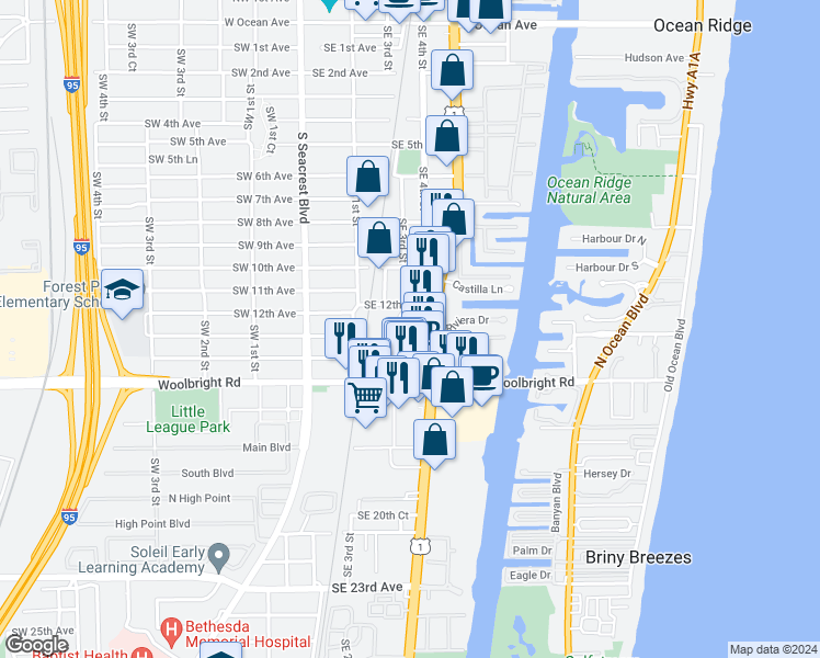map of restaurants, bars, coffee shops, grocery stores, and more near 410 Southeast 12th Avenue in Boynton Beach