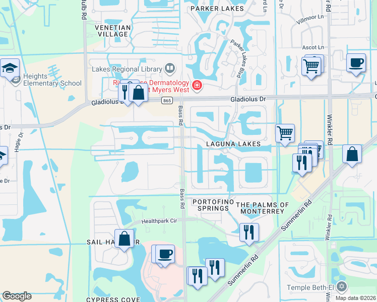 map of restaurants, bars, coffee shops, grocery stores, and more near 15320 Laguna Hills Drive in Fort Myers