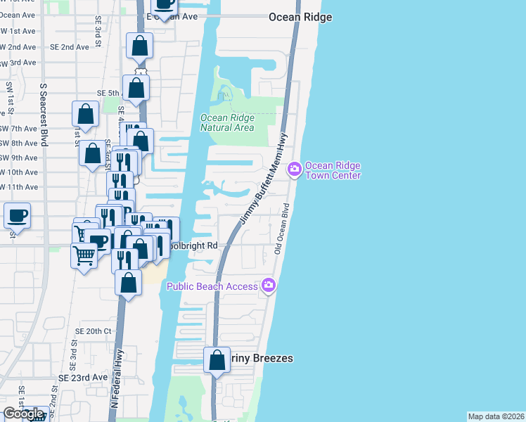 map of restaurants, bars, coffee shops, grocery stores, and more near 5801 North Ocean Boulevard in Ocean Ridge