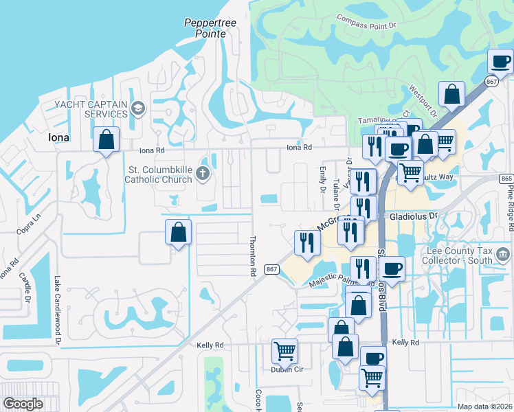 map of restaurants, bars, coffee shops, grocery stores, and more near 15424 Yale Drive in Fort Myers