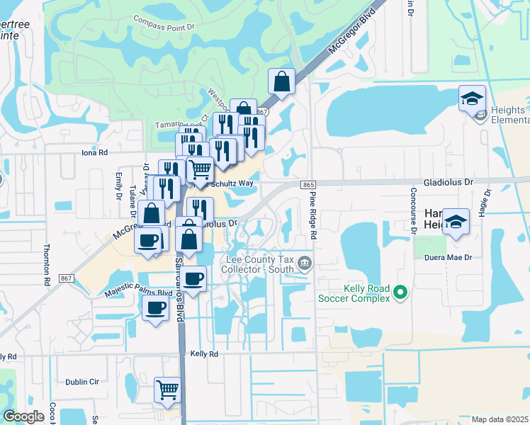 map of restaurants, bars, coffee shops, grocery stores, and more near 15590 Ocean Walk Circle in Fort Myers