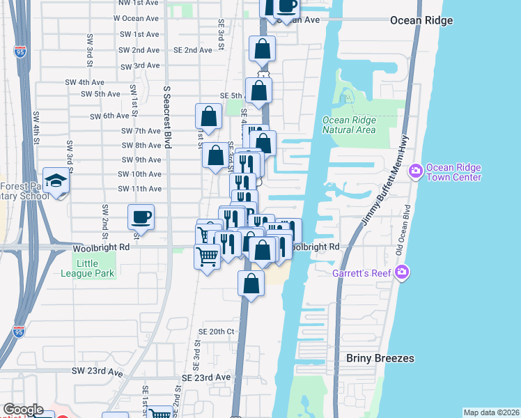map of restaurants, bars, coffee shops, grocery stores, and more near 1250 South Federal Highway in Boynton Beach