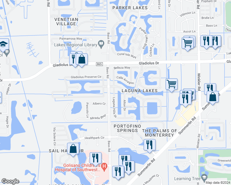 map of restaurants, bars, coffee shops, grocery stores, and more near 15309 Laguna Hills Drive in Fort Myers