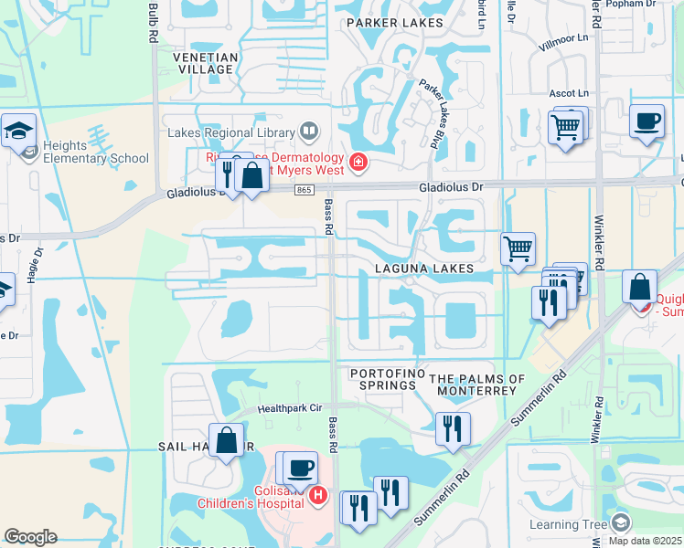 map of restaurants, bars, coffee shops, grocery stores, and more near 15300 Laguna Hills Drive in Fort Myers