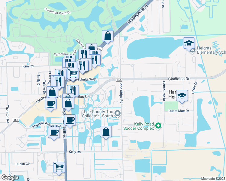 map of restaurants, bars, coffee shops, grocery stores, and more near 15380 Bellamar Circle in Fort Myers