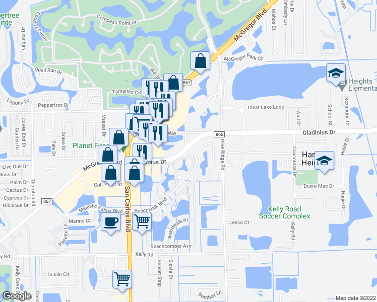 map of restaurants, bars, coffee shops, grocery stores, and more near 15590 Ocean Walk Circle in Fort Myers