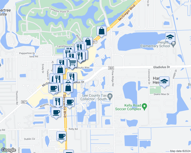 map of restaurants, bars, coffee shops, grocery stores, and more near 15590 Ocean Walk Circle in Fort Myers
