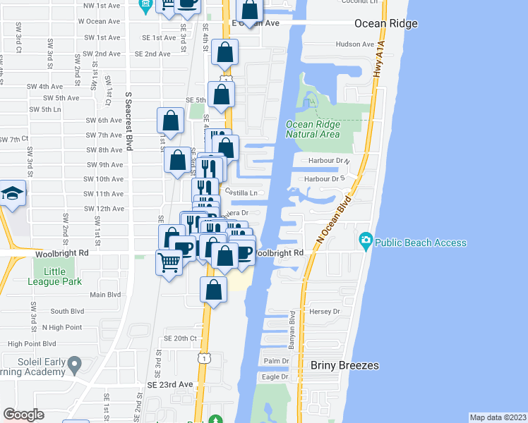 map of restaurants, bars, coffee shops, grocery stores, and more near 657 Riviera Drive in Boynton Beach
