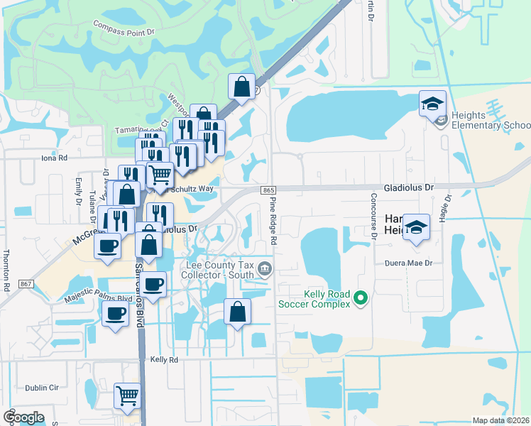 map of restaurants, bars, coffee shops, grocery stores, and more near 15425 Bellamar Circle in Fort Myers