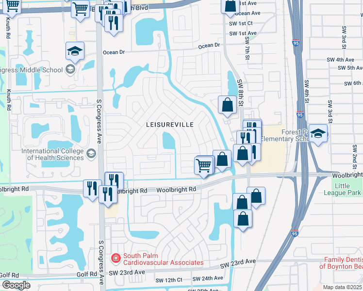 map of restaurants, bars, coffee shops, grocery stores, and more near 109 Southwest Lake Court in Boynton Beach