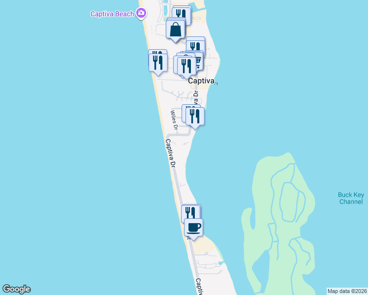 map of restaurants, bars, coffee shops, grocery stores, and more near 15295 Captiva Drive in Captiva