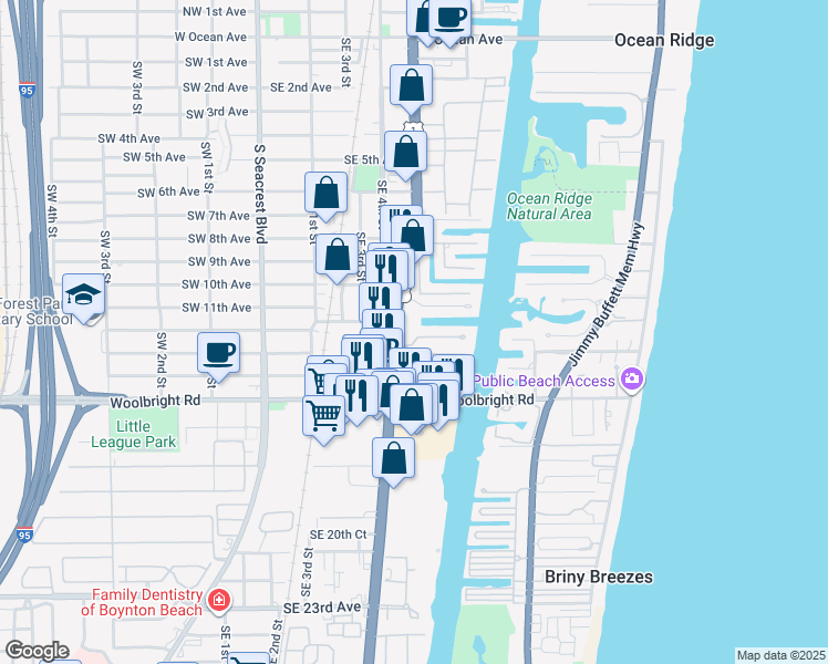 map of restaurants, bars, coffee shops, grocery stores, and more near 1250 South Federal Highway in Boynton Beach