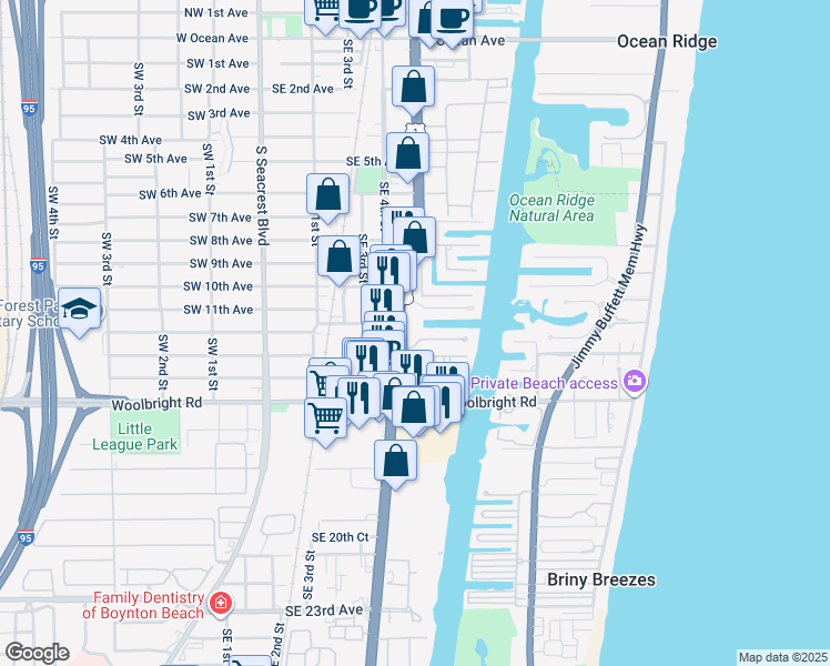 map of restaurants, bars, coffee shops, grocery stores, and more near 1250 South Federal Highway in Boynton Beach