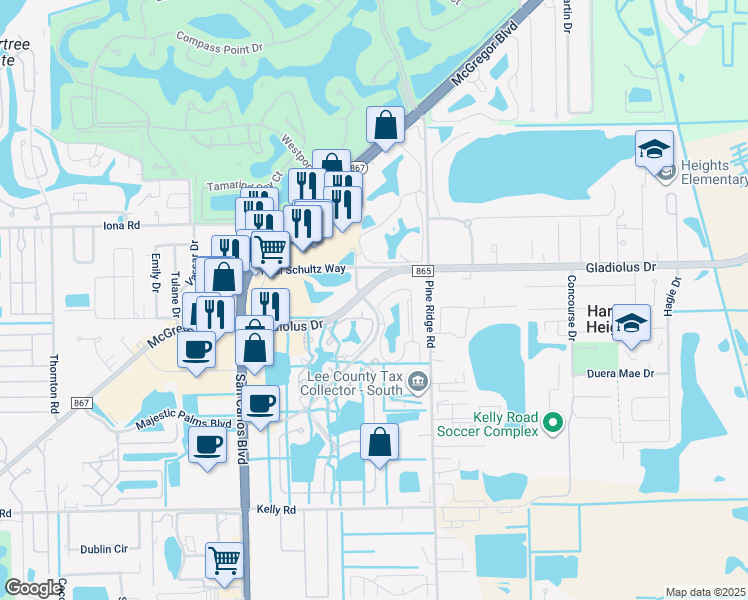 map of restaurants, bars, coffee shops, grocery stores, and more near 15361 Bellamar Circle in Fort Myers