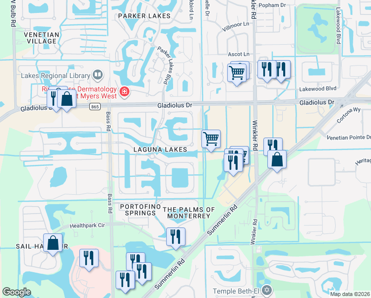 map of restaurants, bars, coffee shops, grocery stores, and more near 9019 Spring Mountain Way in Fort Myers