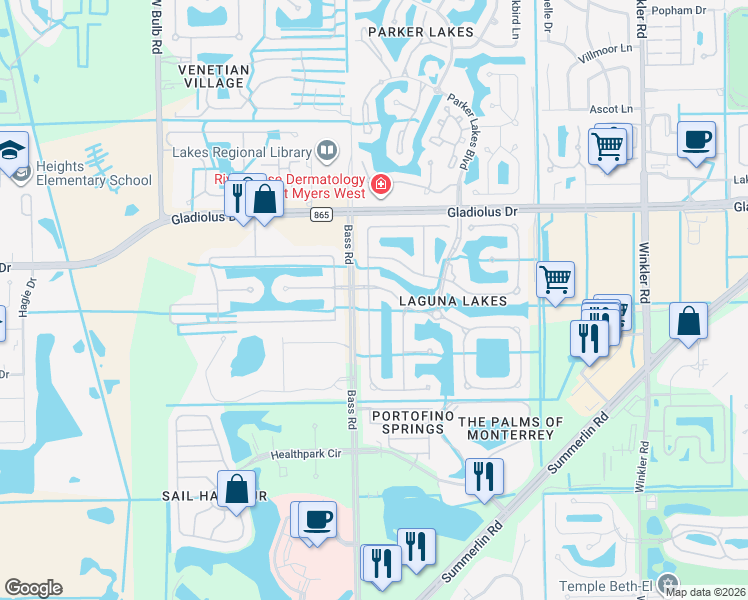 map of restaurants, bars, coffee shops, grocery stores, and more near 15289 Laguna Hills Drive in Fort Myers
