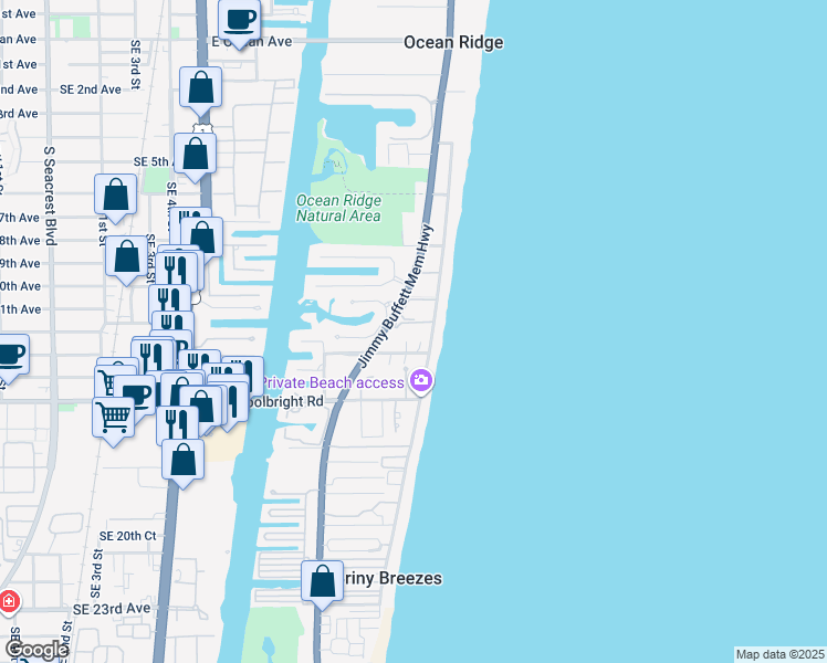 map of restaurants, bars, coffee shops, grocery stores, and more near 5801 North Ocean Boulevard in Ocean Ridge