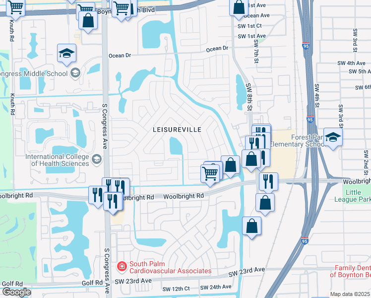 map of restaurants, bars, coffee shops, grocery stores, and more near 109 Southwest Lake Court in Boynton Beach