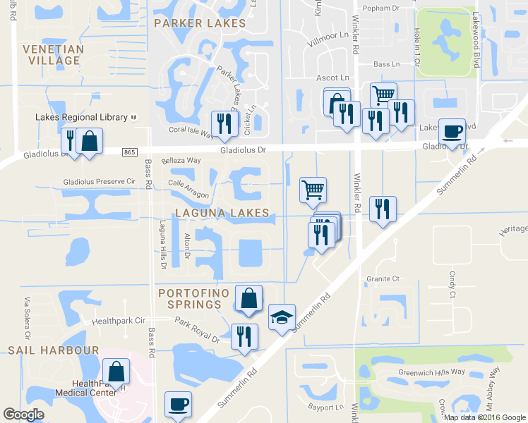 map of restaurants, bars, coffee shops, grocery stores, and more near 9019 Spring Mountain Way in Fort Myers