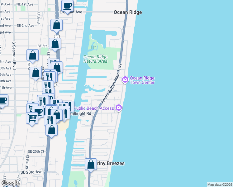 map of restaurants, bars, coffee shops, grocery stores, and more near 5801 North Ocean Boulevard in Ocean Ridge