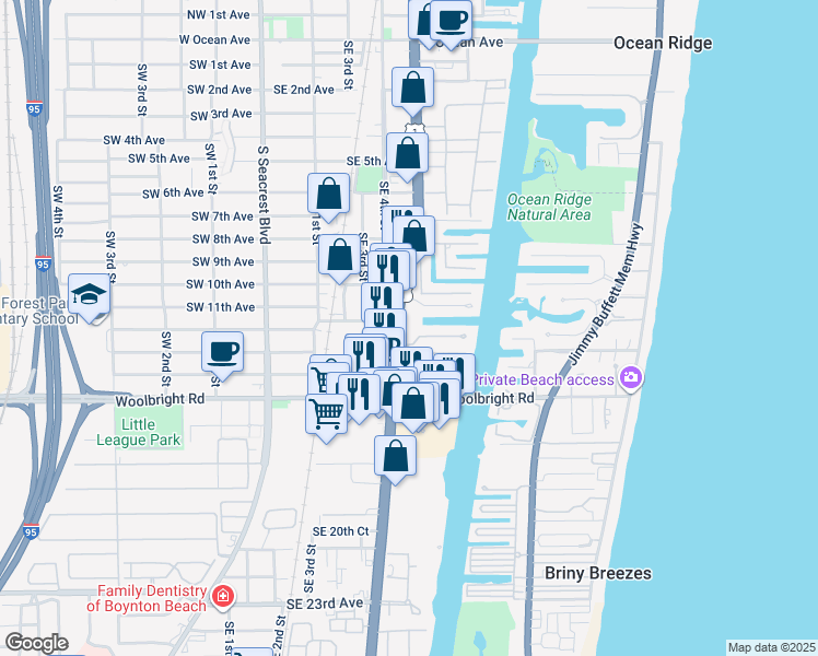 map of restaurants, bars, coffee shops, grocery stores, and more near 1250 South Federal Highway in Boynton Beach