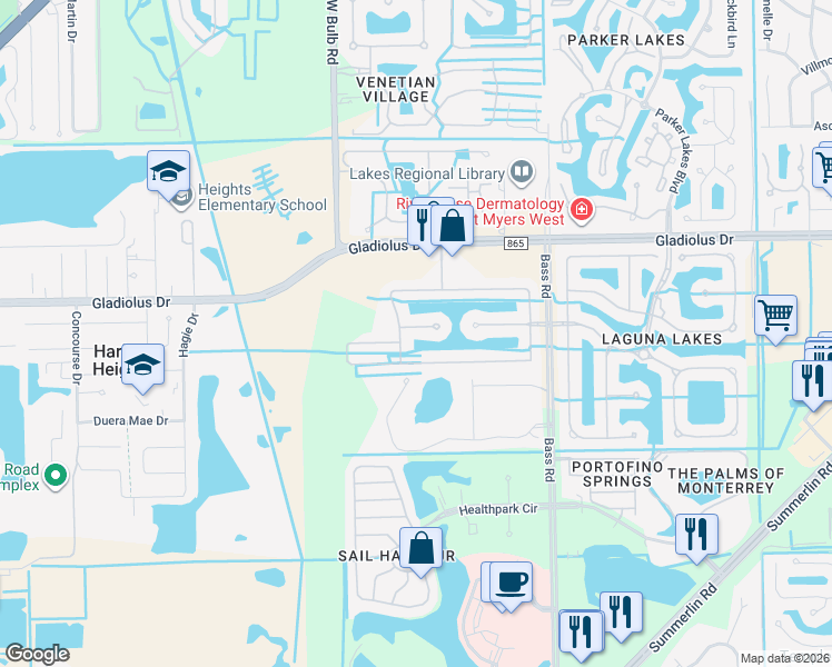 map of restaurants, bars, coffee shops, grocery stores, and more near 9699 Pineapple Preserve Court in Fort Myers