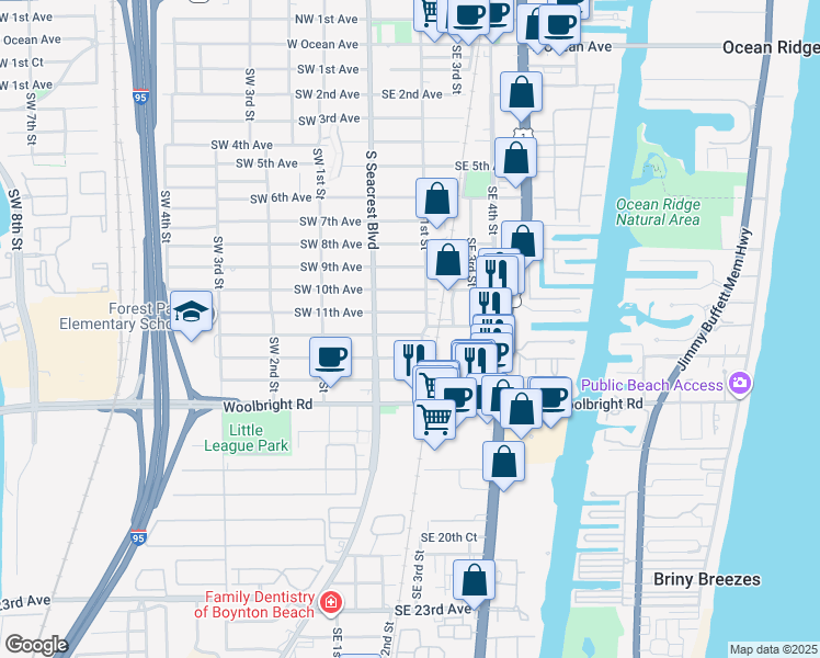 map of restaurants, bars, coffee shops, grocery stores, and more near 135 Southeast 12th Avenue in Boynton Beach