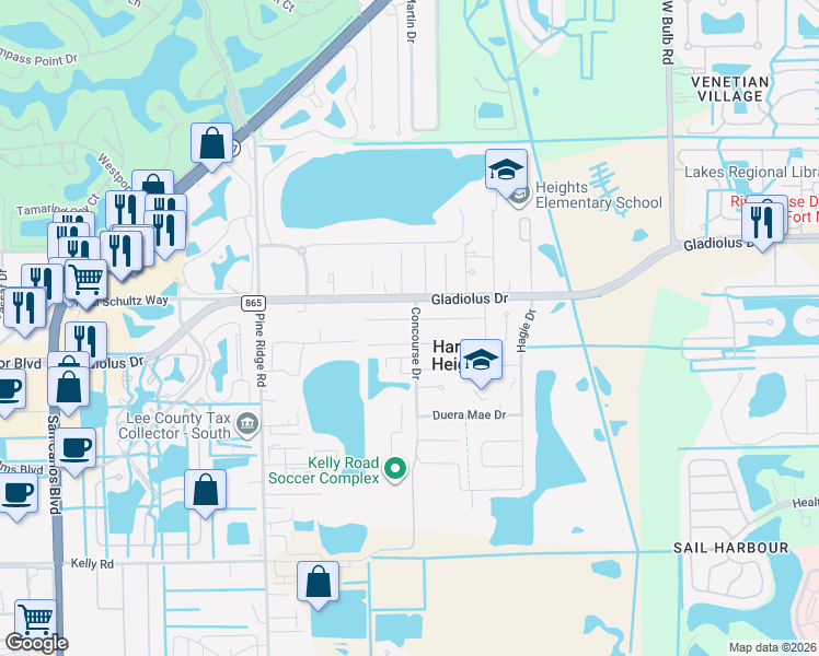 map of restaurants, bars, coffee shops, grocery stores, and more near 10631 Robinson Street in Fort Myers