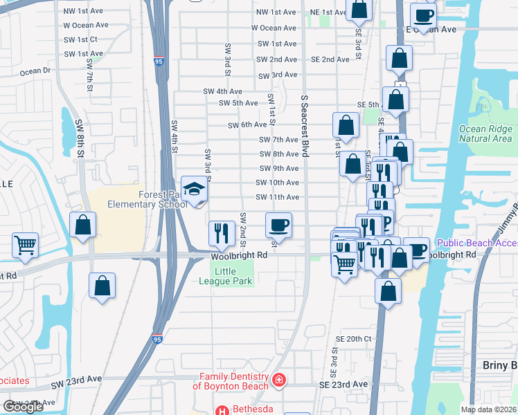 map of restaurants, bars, coffee shops, grocery stores, and more near 219 Southwest 12th Avenue in Boynton Beach