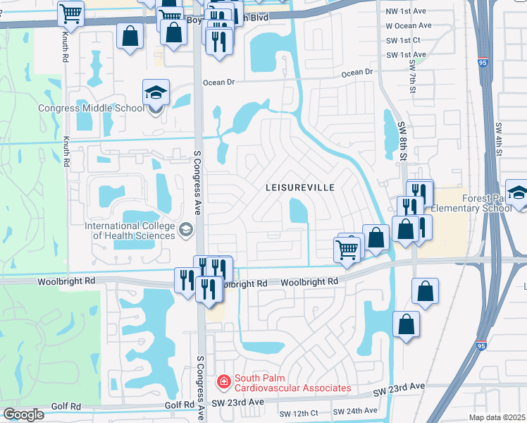 map of restaurants, bars, coffee shops, grocery stores, and more near 2117 Southwest Lake Circle Drive in Boynton Beach