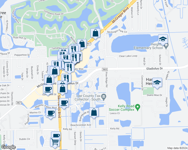map of restaurants, bars, coffee shops, grocery stores, and more near 15380 Bellamar Circle in Fort Myers