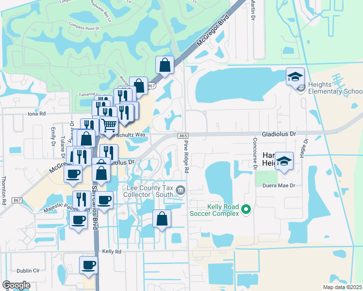 map of restaurants, bars, coffee shops, grocery stores, and more near 15425 Bellamar Circle in Fort Myers