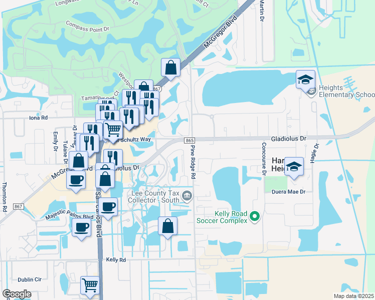 map of restaurants, bars, coffee shops, grocery stores, and more near 15425 Bellamar Circle in Fort Myers