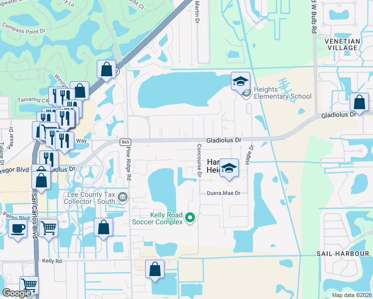 map of restaurants, bars, coffee shops, grocery stores, and more near 10631 Robinson Street in Fort Myers