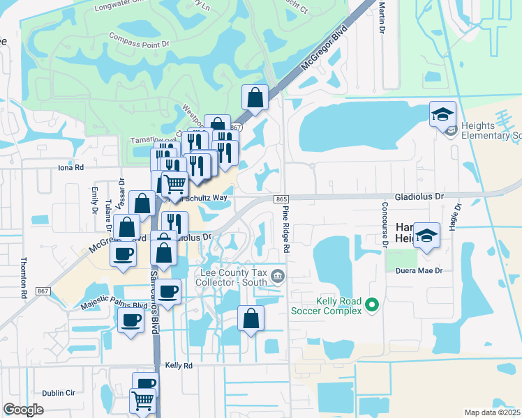 map of restaurants, bars, coffee shops, grocery stores, and more near 15380 Bellamar Circle in Fort Myers