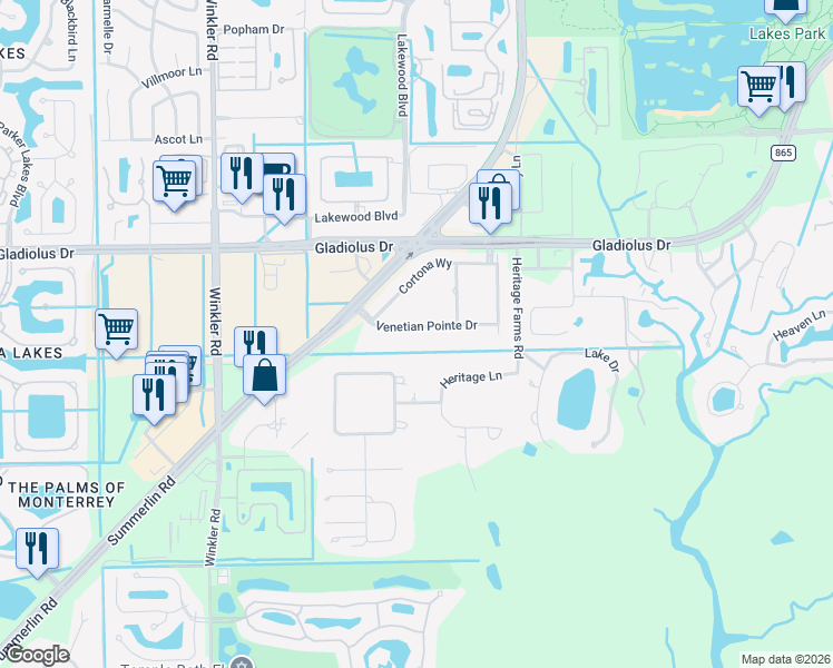 map of restaurants, bars, coffee shops, grocery stores, and more near 8211 Venetian Pointe Dr in Fort Myers