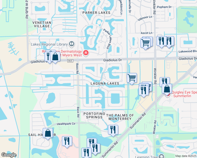 map of restaurants, bars, coffee shops, grocery stores, and more near 15400 Lakes of Laguna Boulevard in Fort Myers