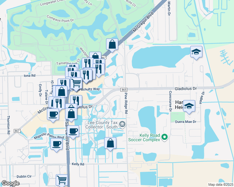 map of restaurants, bars, coffee shops, grocery stores, and more near 15380 Bellamar Circle in Fort Myers