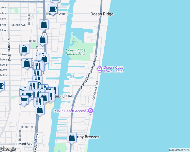 map of restaurants, bars, coffee shops, grocery stores, and more near 5833 North Ocean Boulevard in Ocean Ridge