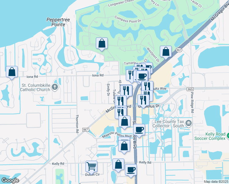 map of restaurants, bars, coffee shops, grocery stores, and more near 7170 Tulane Drive in Fort Myers