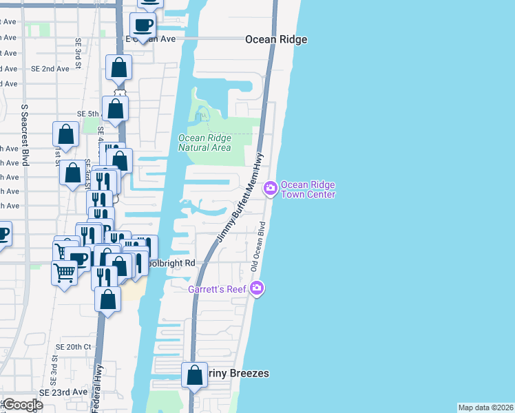 map of restaurants, bars, coffee shops, grocery stores, and more near 5727 Old Ocean Boulevard in Boynton Beach