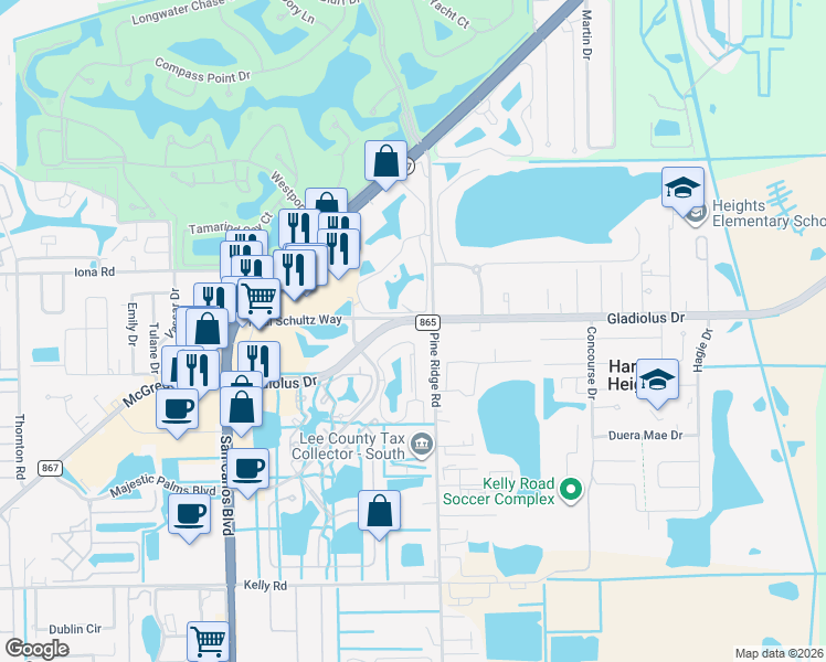 map of restaurants, bars, coffee shops, grocery stores, and more near 15401 Bellamar Circle in Fort Myers