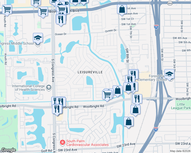 map of restaurants, bars, coffee shops, grocery stores, and more near 714 Southwest 18th Court in Boynton Beach