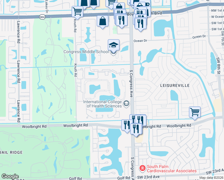 map of restaurants, bars, coffee shops, grocery stores, and more near 1500 Southern Cross Lane in Boynton Beach