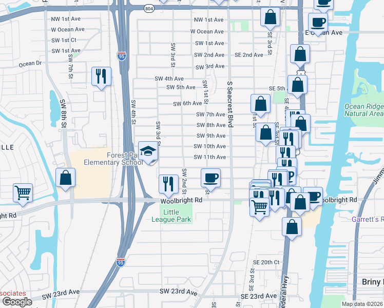 map of restaurants, bars, coffee shops, grocery stores, and more near 231 Southwest 11th Avenue in Boynton Beach